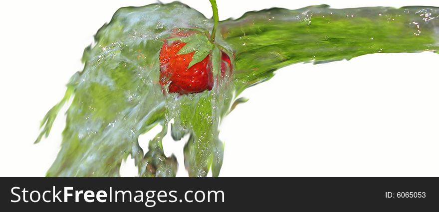 Red color  berry of  strawberry in  stream of water