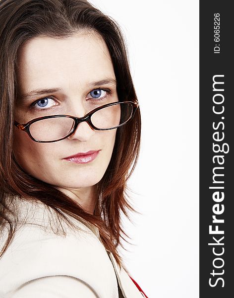 Beautiful brunette woman wearing glasses. Isolated on white background with copy space