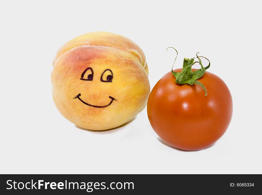 Animated ripe peach and red tomato isolated on white background. Animated ripe peach and red tomato isolated on white background.