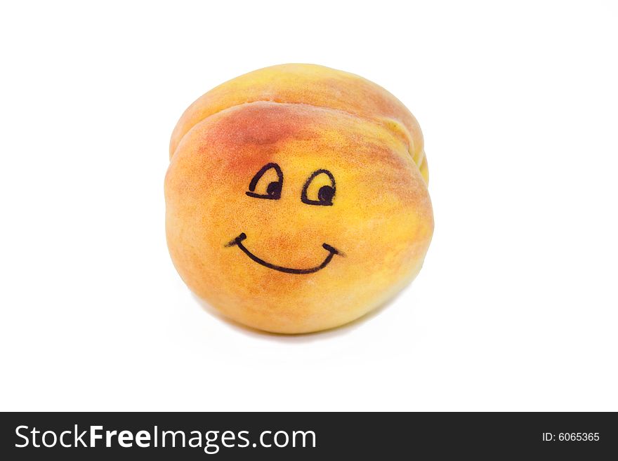 Animated ripe happy peach on white background.