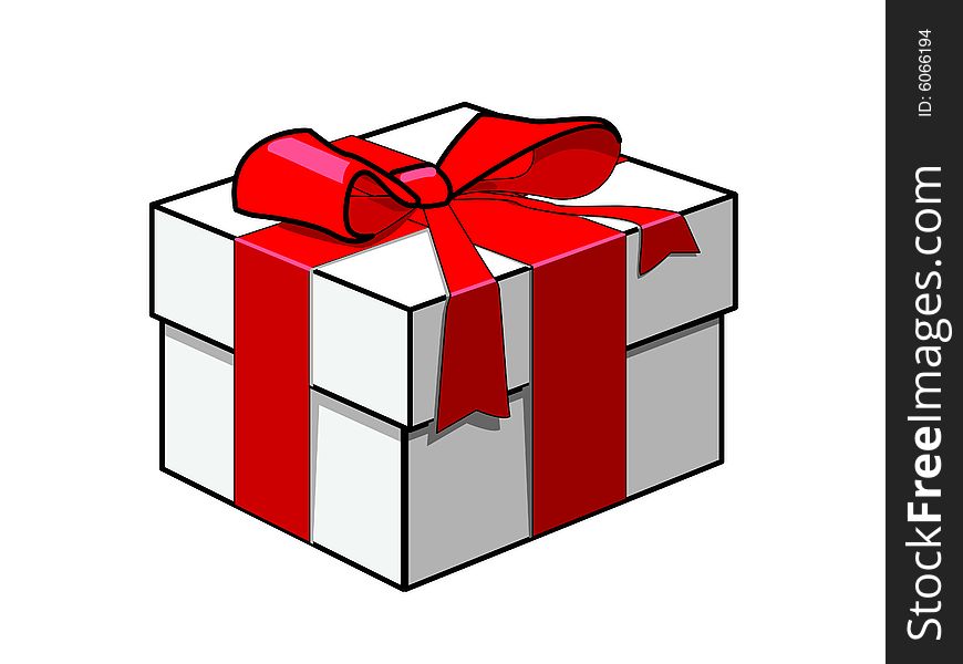 Gift on a white background. A white box tied up red ribbon.