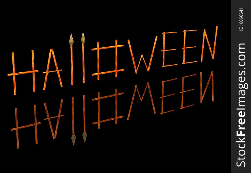 3D the image of a word a Halloween which consists of wooden sticks and two spears.