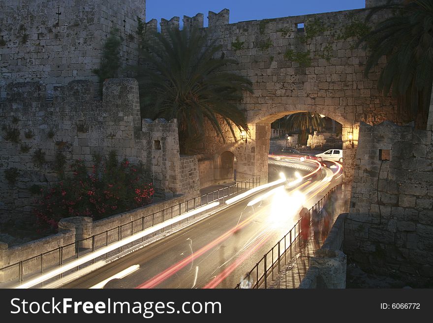 Cars dive in the night over the bridge in greece