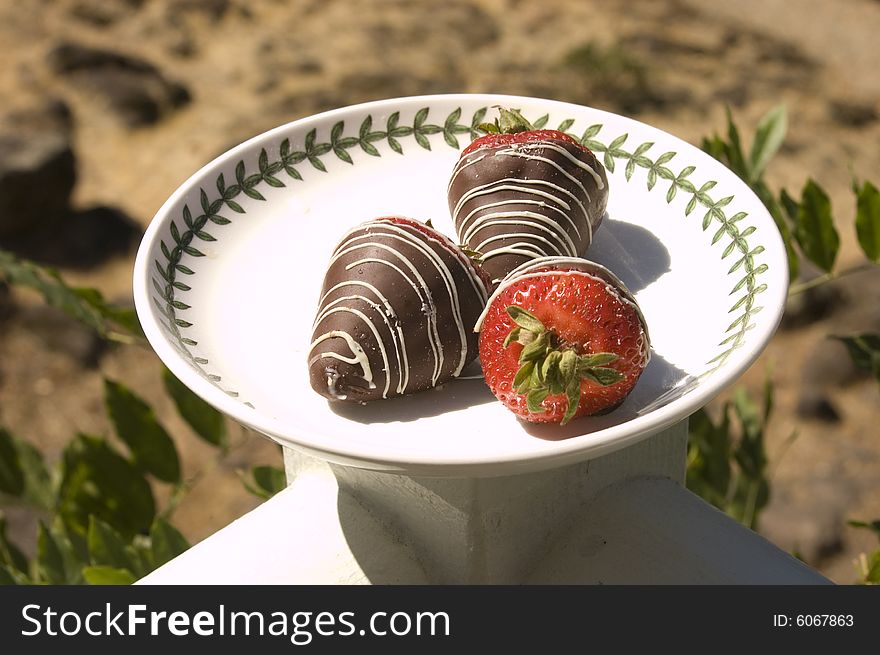Decorated chocolate dipped strawberries on a plate. Decorated chocolate dipped strawberries on a plate