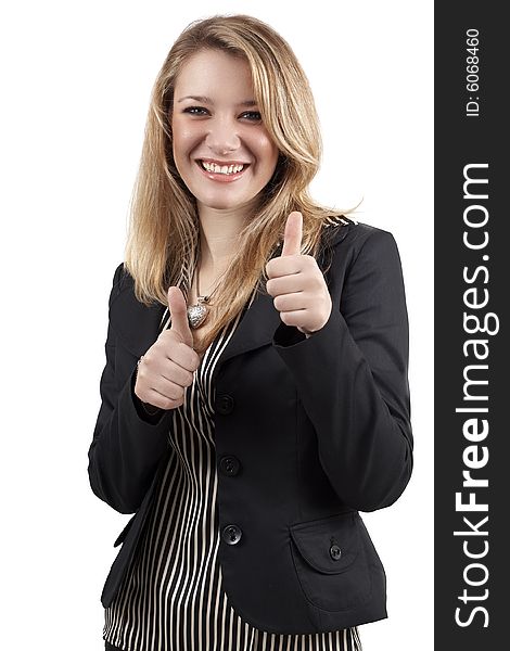 Beautiful blonde businesswoman wearing office clothes showing thumbs up. Isolated on white background