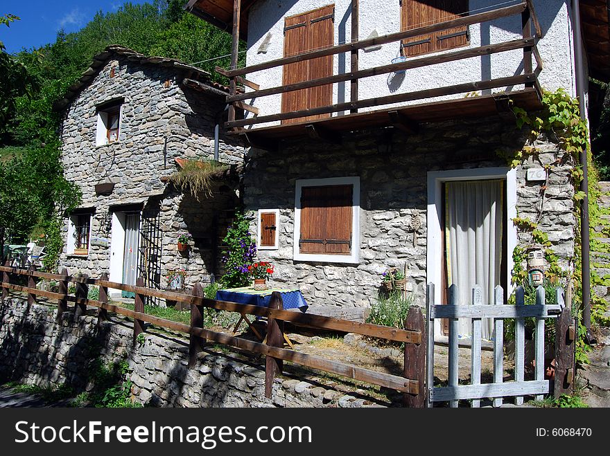 Characteristic mountain homes in Viozene in Piedmont, Italy.