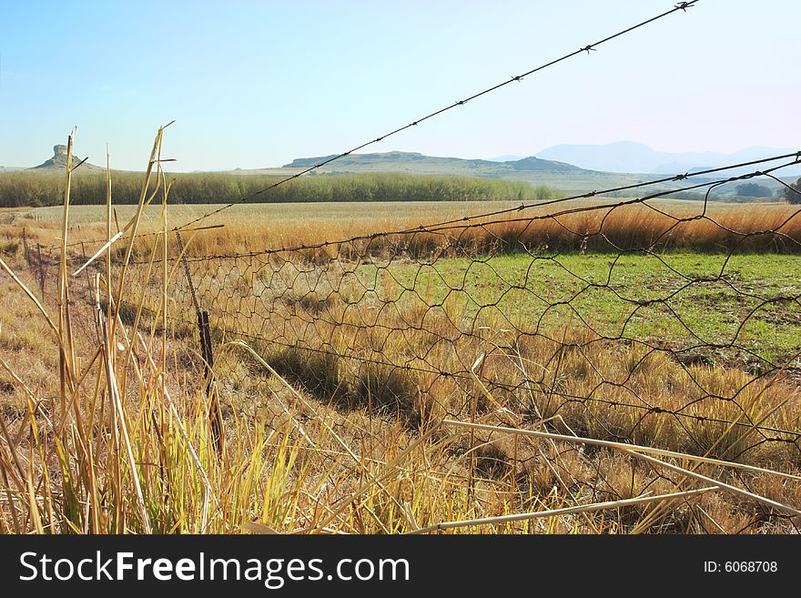 Fence against agriculturial cutted grass fields with mountain horison with blue sky. Fence against agriculturial cutted grass fields with mountain horison with blue sky