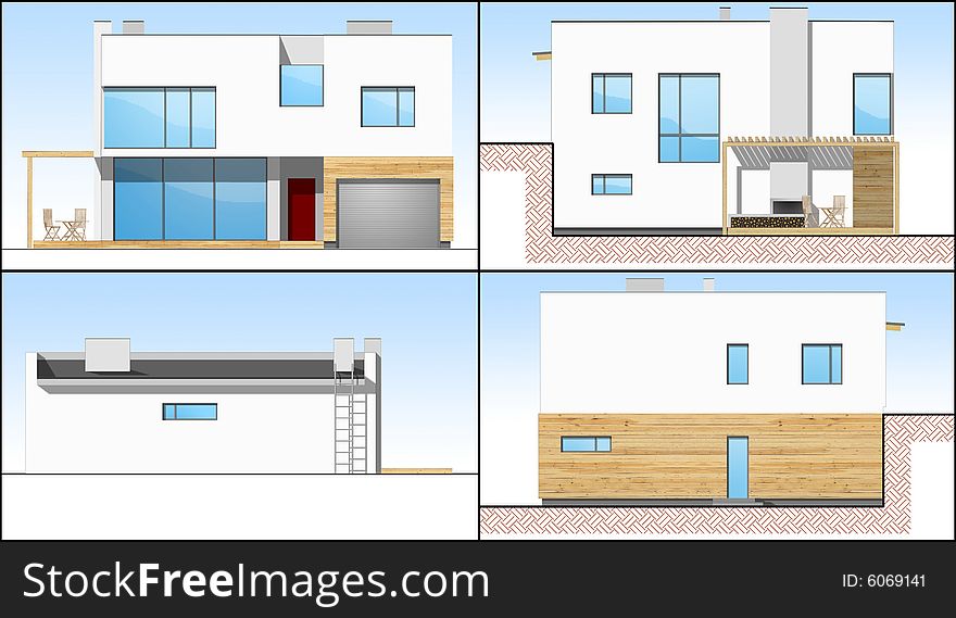 Four 2d sides of an individual modern house. Four 2d sides of an individual modern house