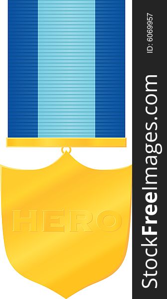 A shield-shaped medal, hanging from a blue ribbon with word hero.