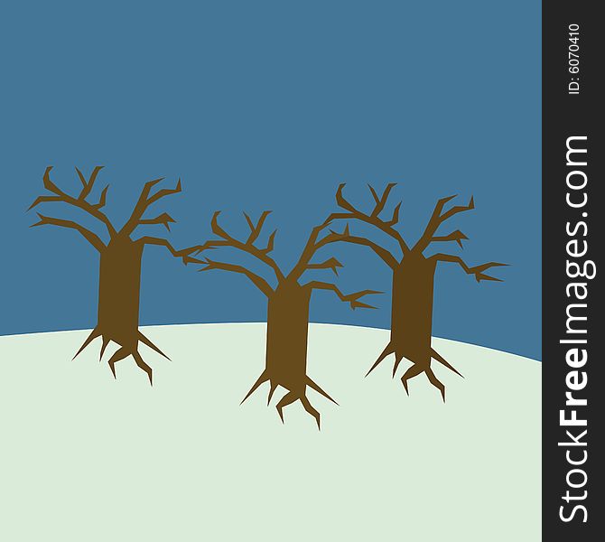 Illustration of three trees on a field during winter. Illustration of three trees on a field during winter