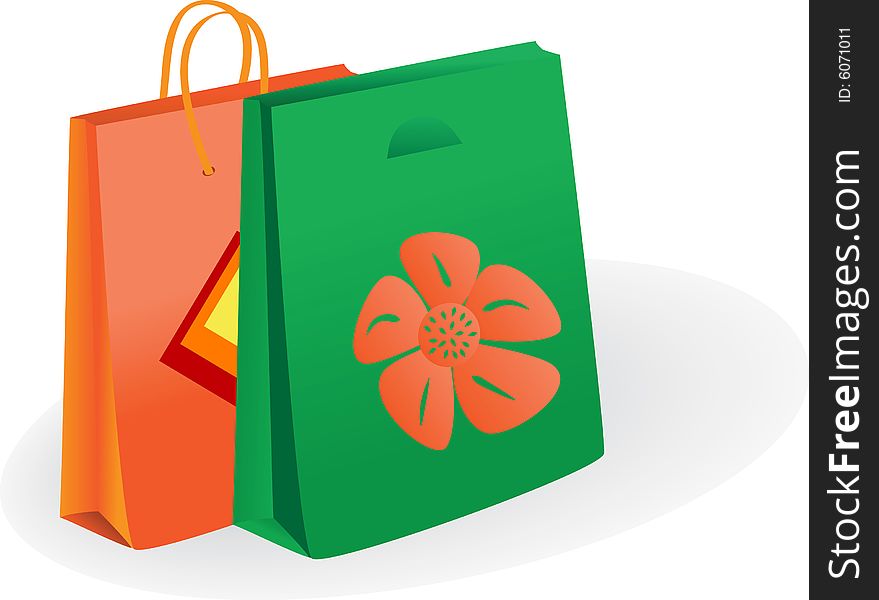 Illustration of two paper packages of green and orange color. Illustration of two paper packages of green and orange color