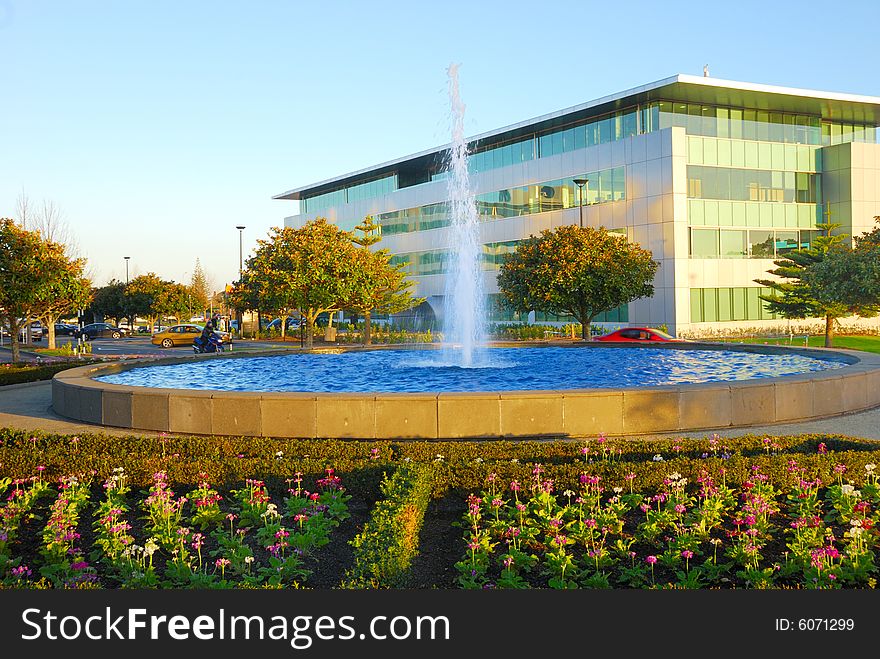 Fountain with modern building background