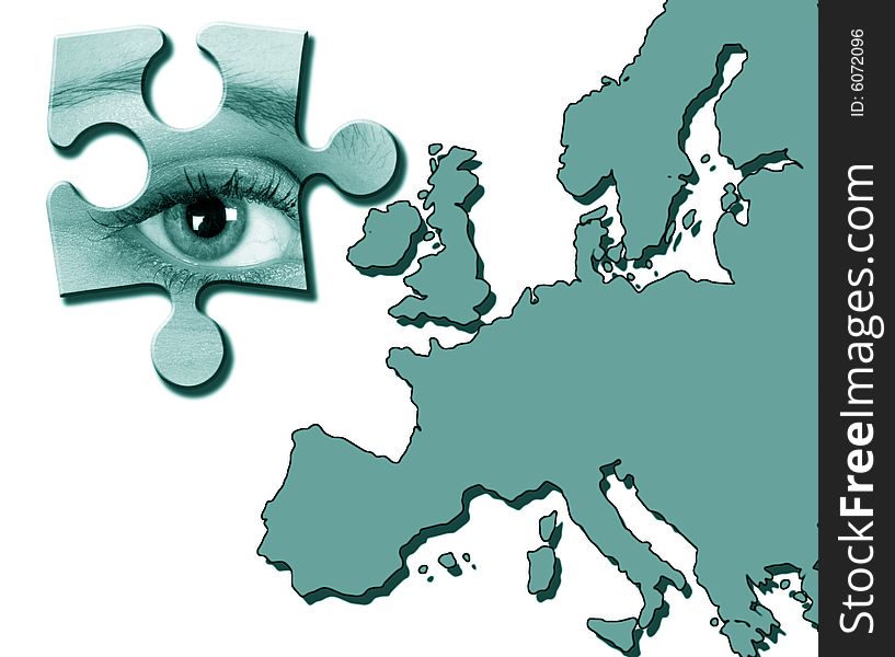 Eye jigsaw piece over map of Europe. Eye jigsaw piece over map of Europe