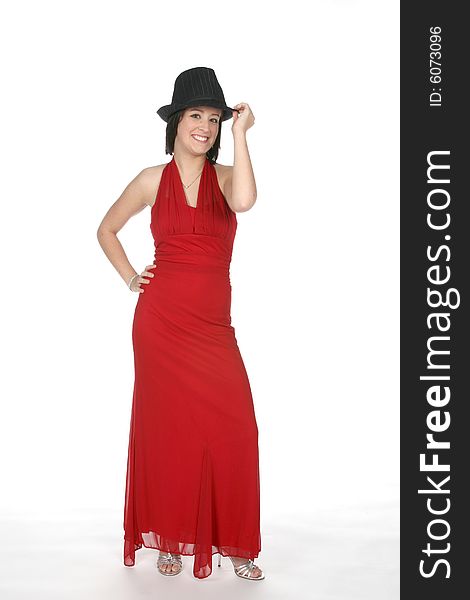 Cute teen in top hat and red gown. Cute teen in top hat and red gown