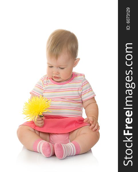 Sitting small baby with yellow flower #3 isolated