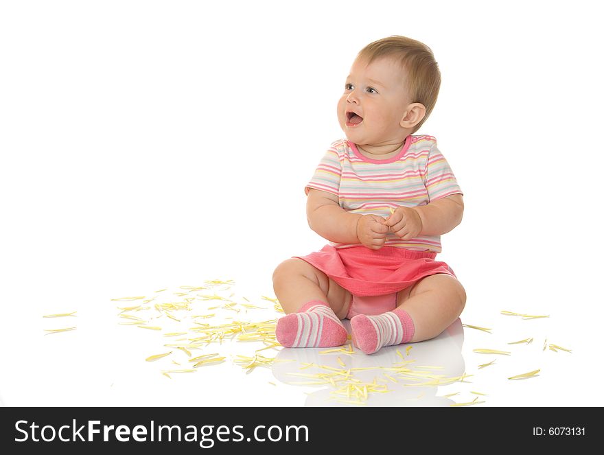Sitting small baby with yellow petals #2 isolated