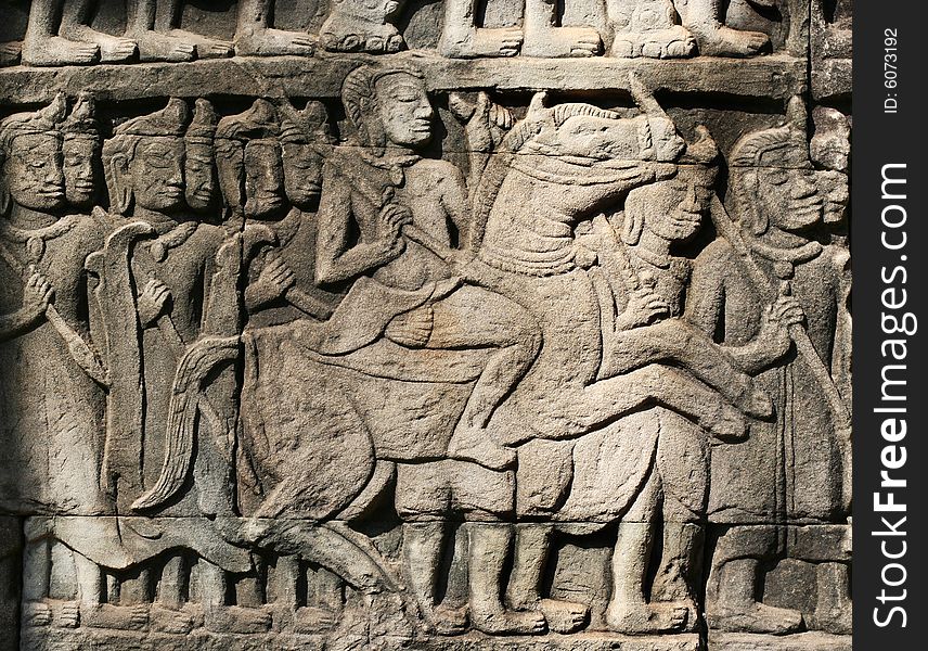 Khmer warriors from the bas-relief of Bayon Temple in the Angkor Area near Siem Reap, Cambodia.