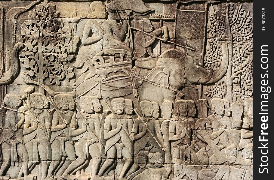 Khmer warriors from the bas-relief of Bayon Temple in the Angkor Area near Siem Reap, Cambodia.