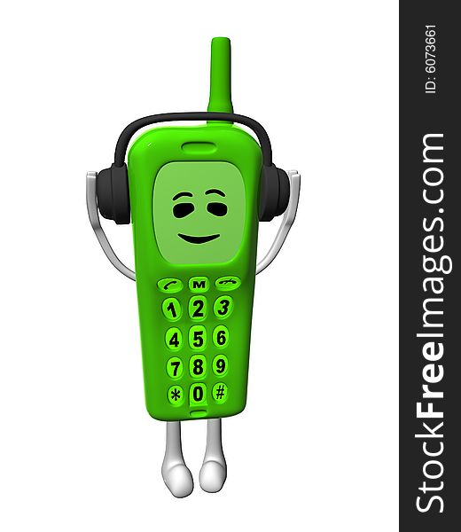 3D isolated happy green mobile phone with hands and legs hear music. 3D isolated happy green mobile phone with hands and legs hear music