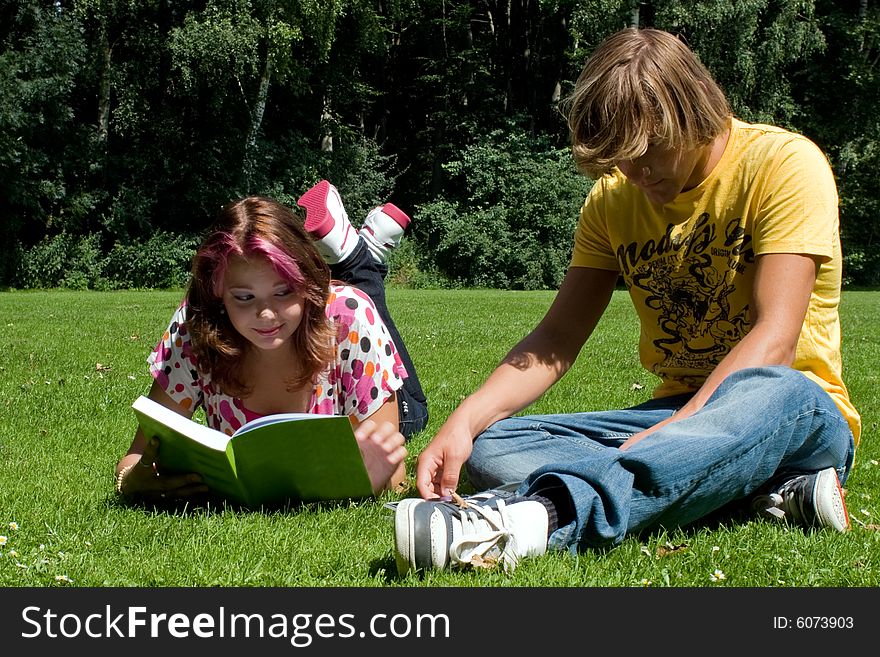 Students studying in a park in the summertime. Students studying in a park in the summertime