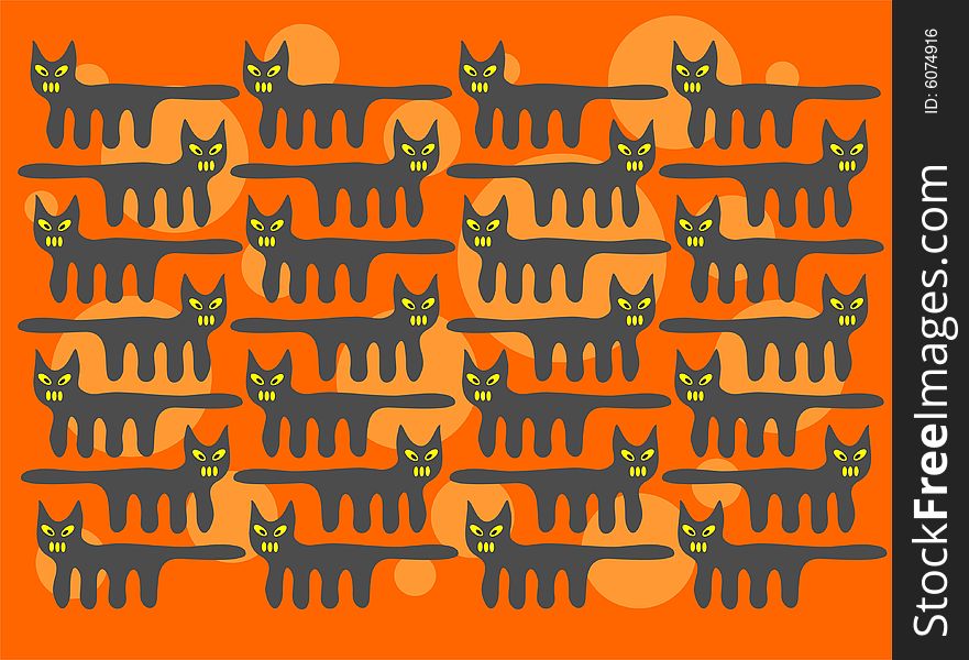 Stylized black cats pattern on a orange  background. Halloween illustration. Stylized black cats pattern on a orange  background. Halloween illustration.