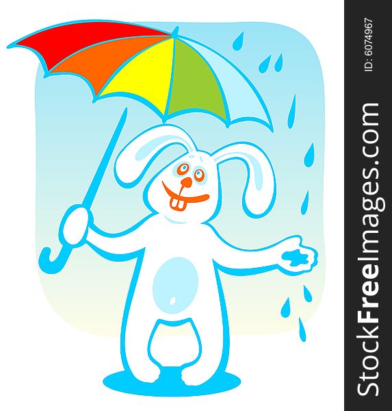 Cartoon rabbit with umbrella isolated on a blue background.