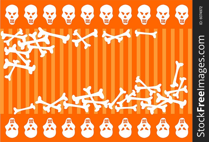 Cartoon skulls and bones on a orange  background. Halloween illustration.
