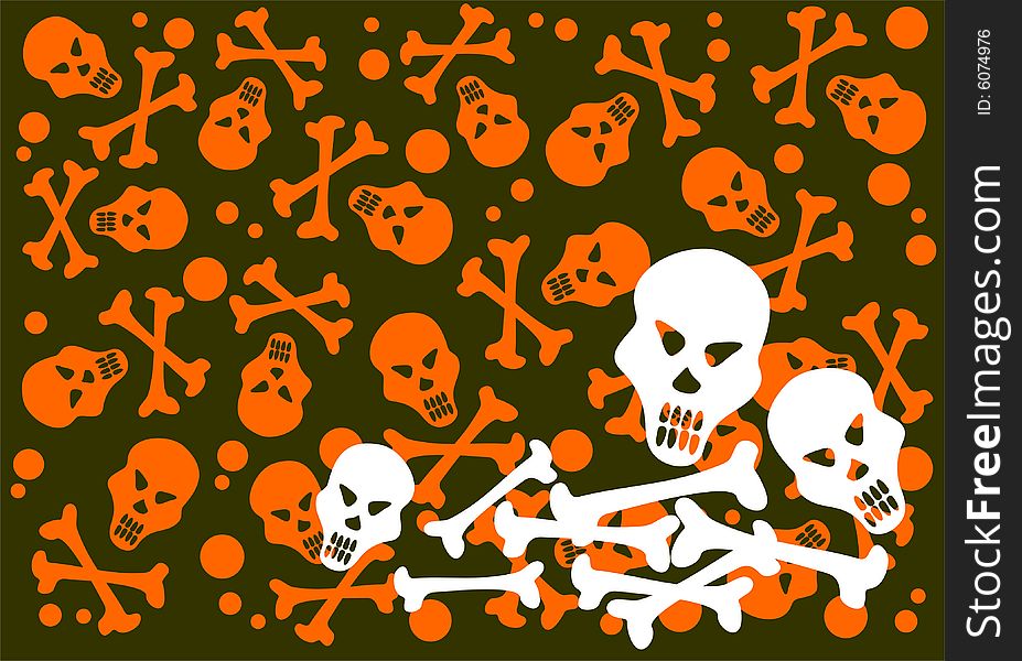 Cartoon skulls and bones on a black  background. Halloween illustration. Cartoon skulls and bones on a black  background. Halloween illustration.