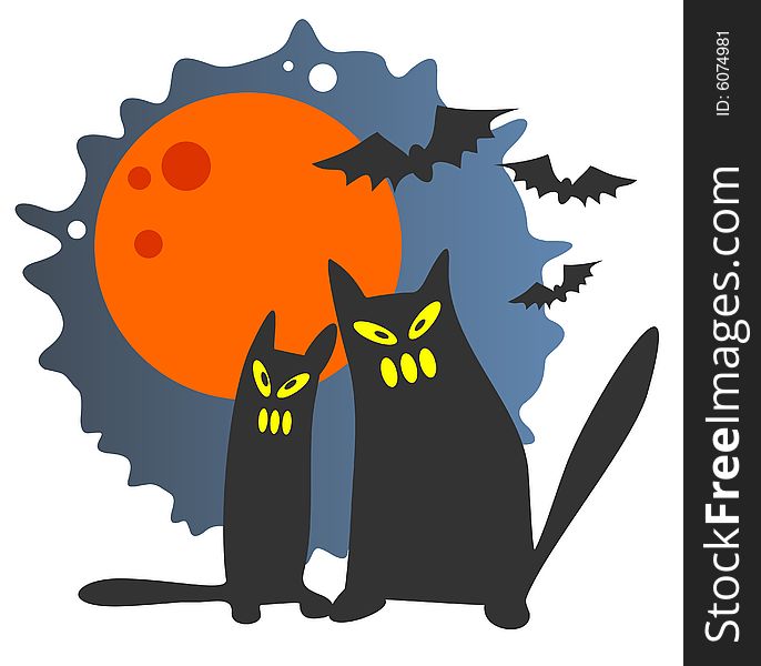 Two black cats on a moon background. Halloween illustration.