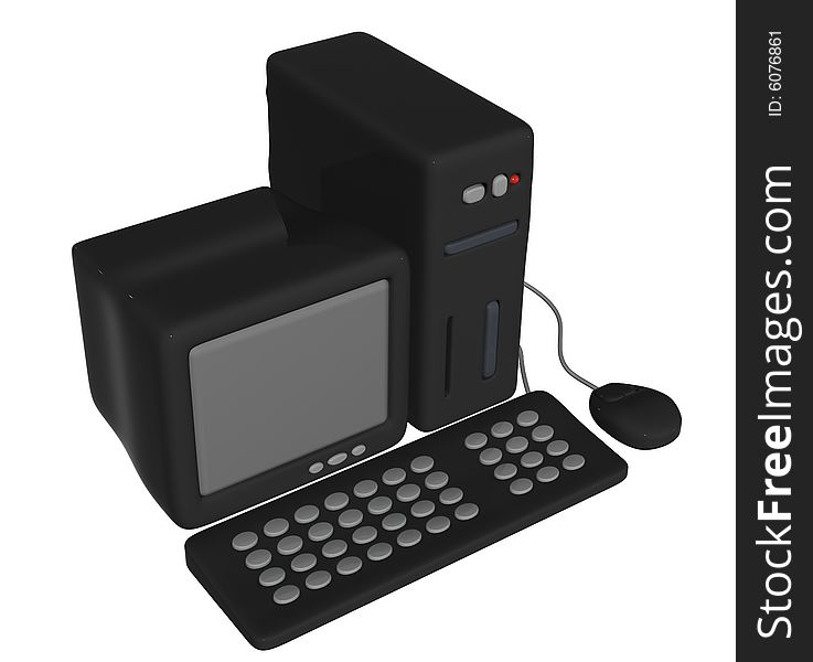 3D isolated black computer with keyboard and mouse maked in cartoon style. 3D isolated black computer with keyboard and mouse maked in cartoon style