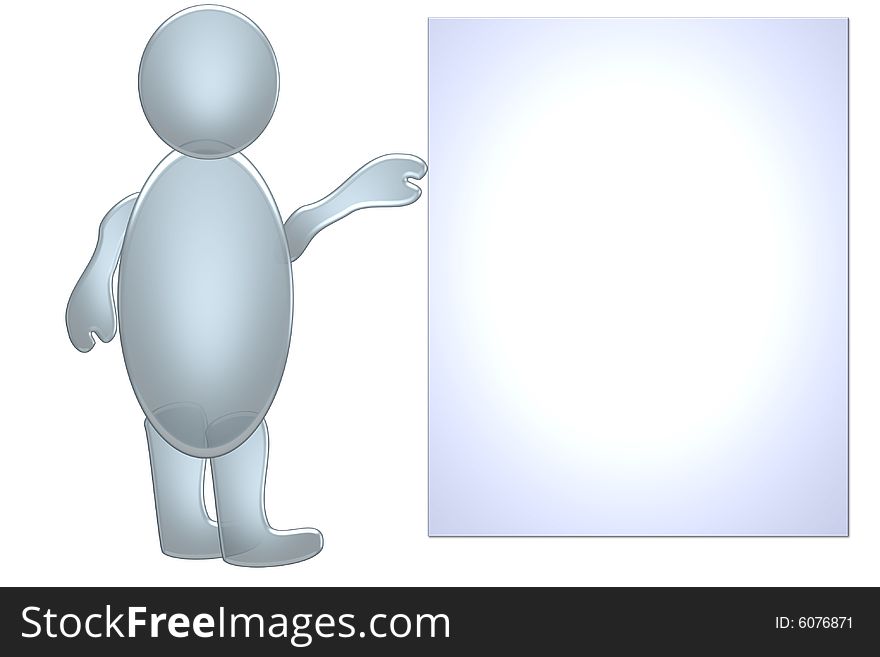 Blue figure holding text box for ad. Blue figure holding text box for ad