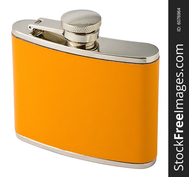Steel flask with orange leather cover. Isolated on a white background with clipping path.