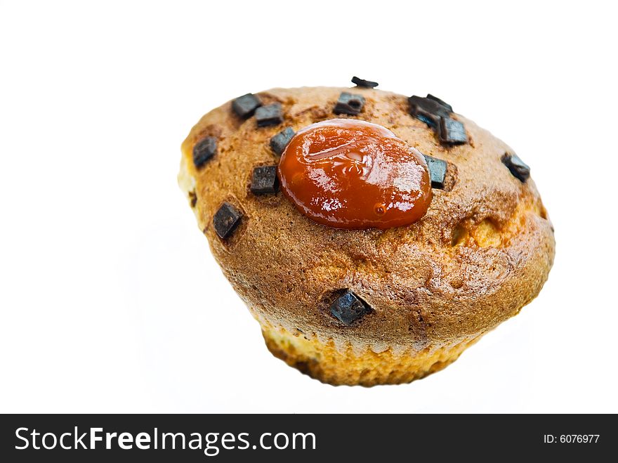 Chocolate muffins with decoration - isolated on white background.