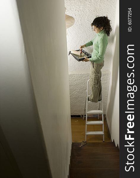 Woman standing on a ladder holding a paint roller and tray. Vertically framed photo. Woman standing on a ladder holding a paint roller and tray. Vertically framed photo.