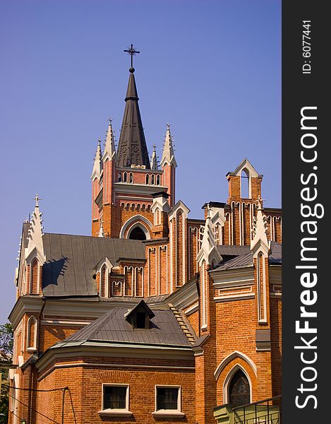 Tower of Catholic Cathedral in city Kharkov