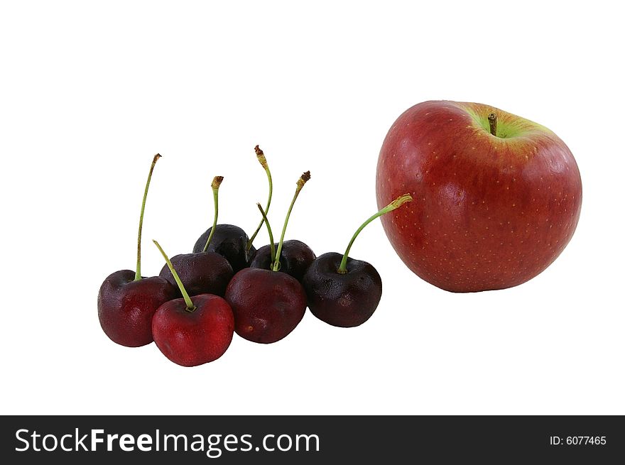 An Apple and Cherries Isolated on White