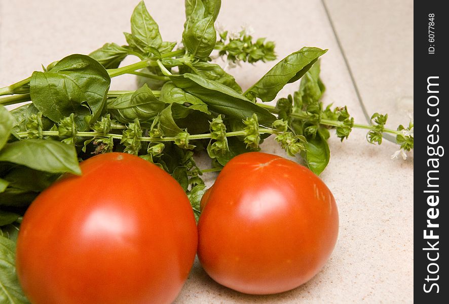 Fresh tomatoes and basil on a kitchen counter. Fresh tomatoes and basil on a kitchen counter