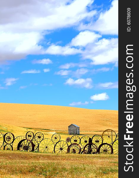 Vertical landscape of wheat fields and Old Wagon Wheel fence under puffy clouds and blue sky. Vertical landscape of wheat fields and Old Wagon Wheel fence under puffy clouds and blue sky