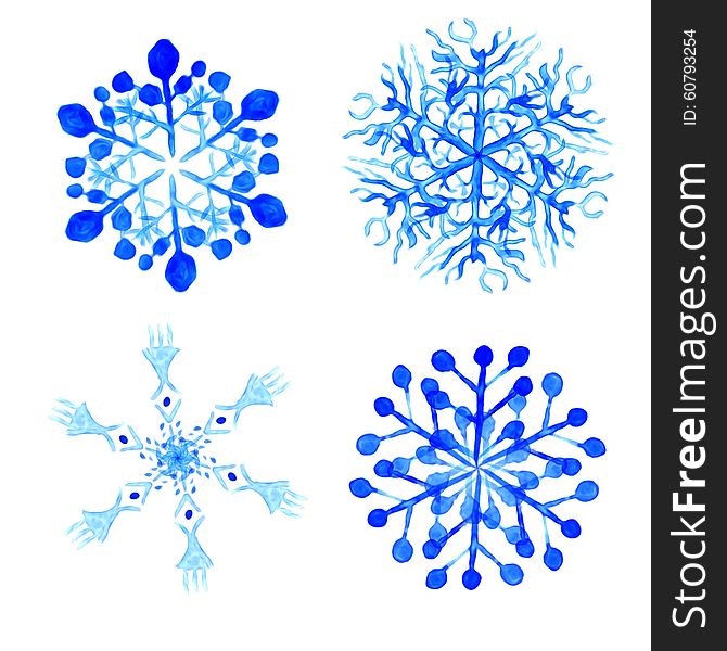 Fantasy blue watercolor snowflakes on white background. Vector illustration. Fantasy blue watercolor snowflakes on white background. Vector illustration