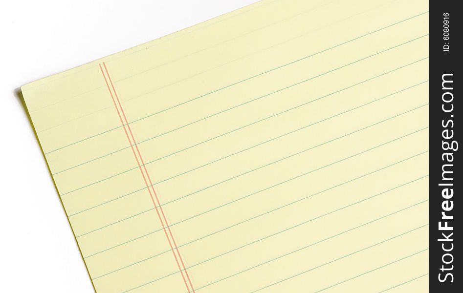 Blank Yellow Ruled Sheet of Paper on White. Blank Yellow Ruled Sheet of Paper on White