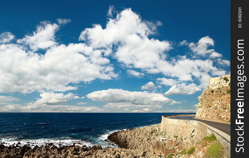 Seascape from of the typical mediterranean fortress. Rethymno city. Crete island. Greece. Seascape from of the typical mediterranean fortress. Rethymno city. Crete island. Greece.