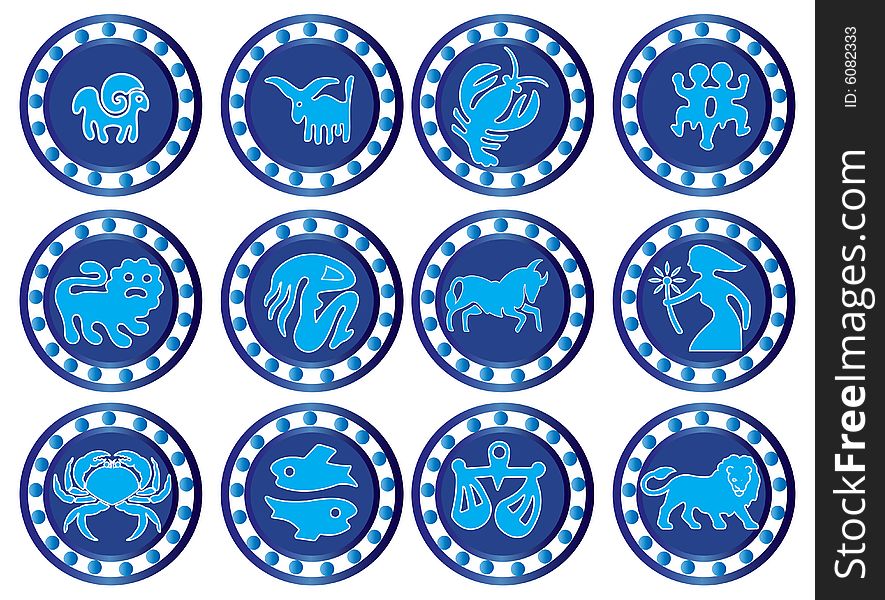 A 6 sets of zodiacs in blue in a white a background.