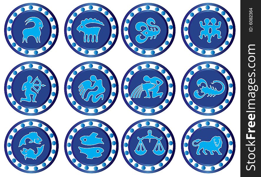 A 6 sets of zodiacs in blue in a white a background.