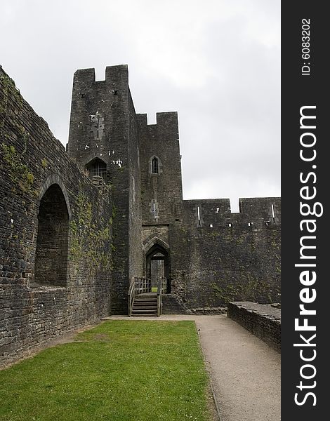 View on the turret of Caerphilly Castle, South Wales, UK