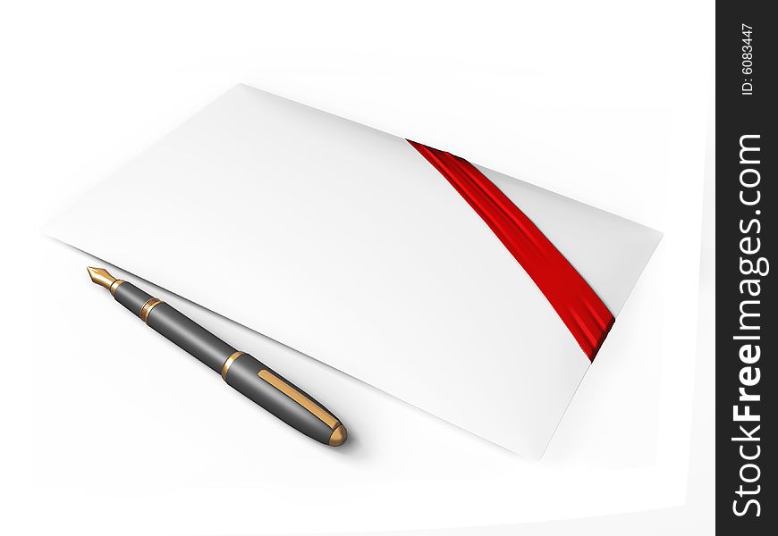 Present mail with red ribbon and pen