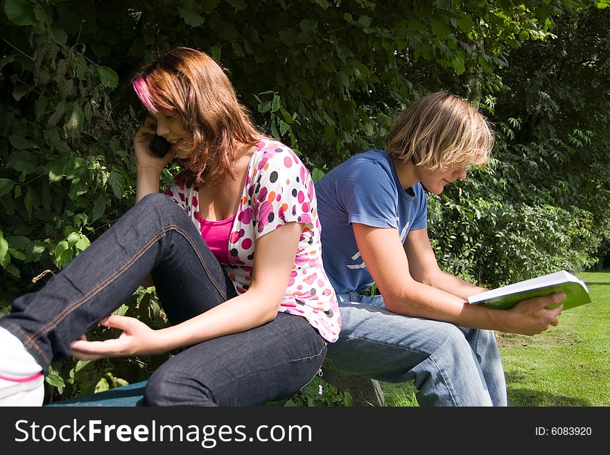 Students studying in a park in the summertime. Students studying in a park in the summertime