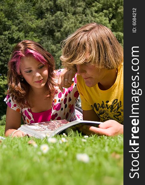 Students studying in a park in the summertime. Students studying in a park in the summertime