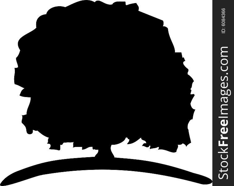 Big tree on a meadow, oak tree, black illustration black and white