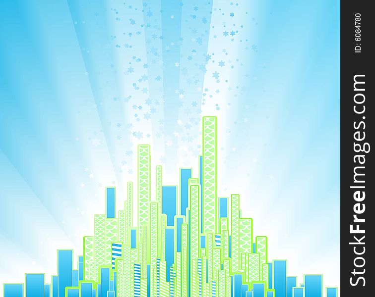 Vector illustration of a modern urban background with flowing celebration stars and a glowing horizon. Vector illustration of a modern urban background with flowing celebration stars and a glowing horizon.