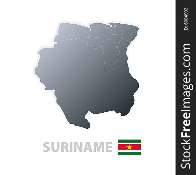 Vector illustration of the map with regions or states and the official flag of Suriname. Vector illustration of the map with regions or states and the official flag of Suriname.